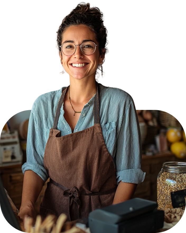 Shop owner standing at the counter of her neighborhood store